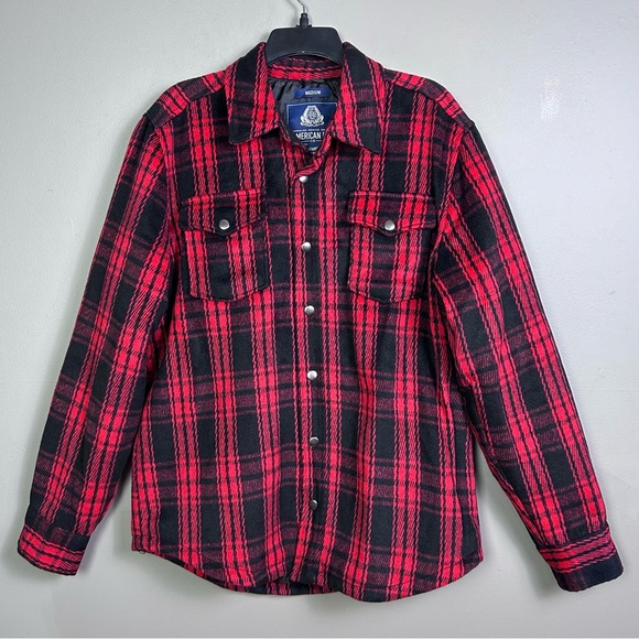 American Rag shacket shirt jacket men's Medium Buffalo plaid red snap quilted - Picture 2 of 12